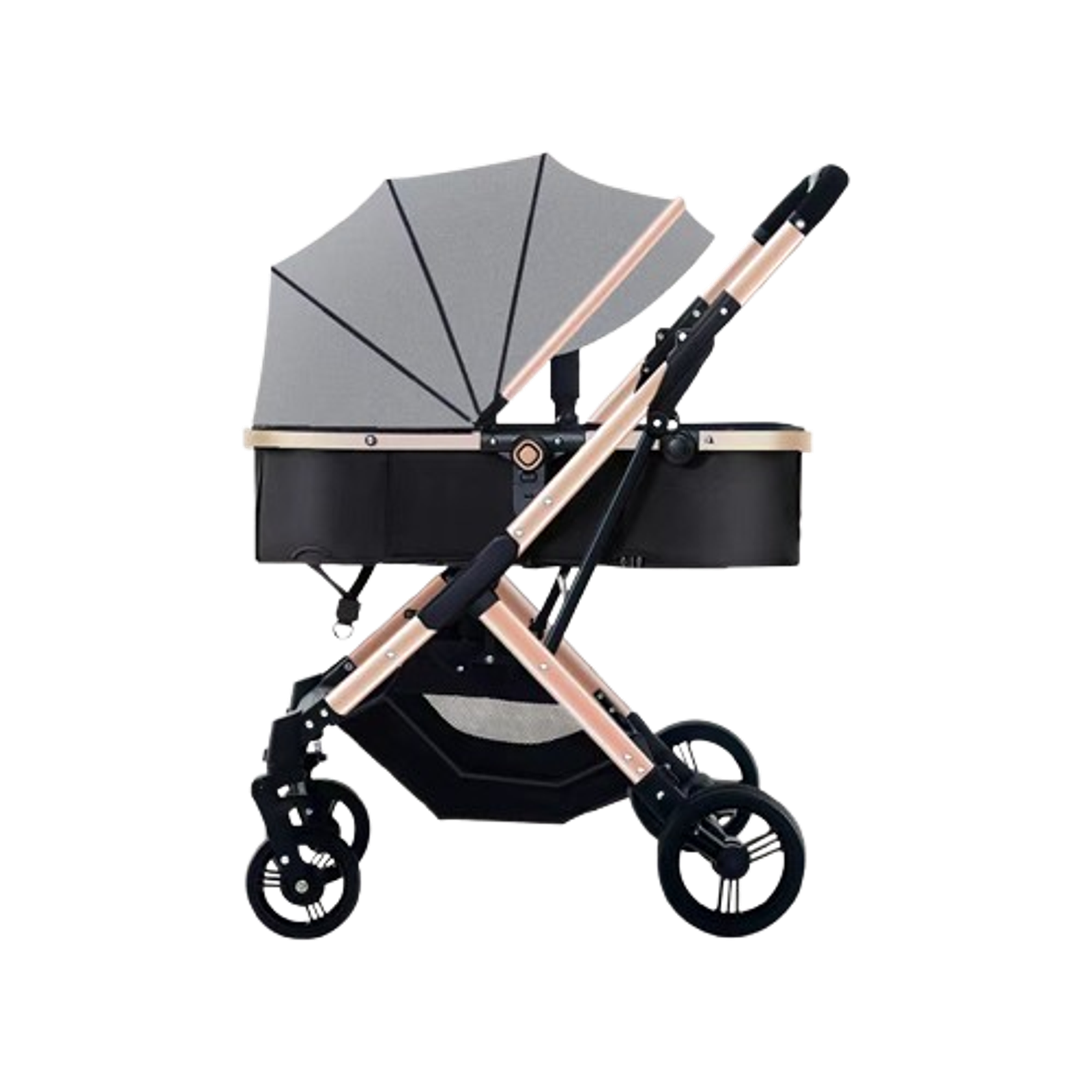 Grey and rose gold foldable baby pram